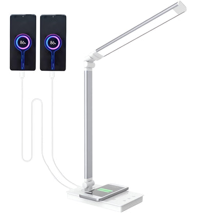 Lámpara LED Plegable con Cargador Inalámbrico Qi, 5 Niveles de Luz y 2 Puertos USB para Escritorio